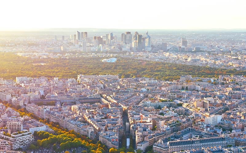 Vue aérienne du 16e et le bois de Boulogne